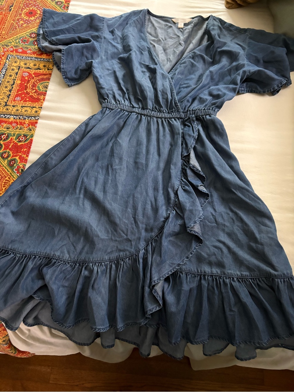 LC Conrad blue Chambrey faux wrap ruffle hem short sleeve dress XS summer boho